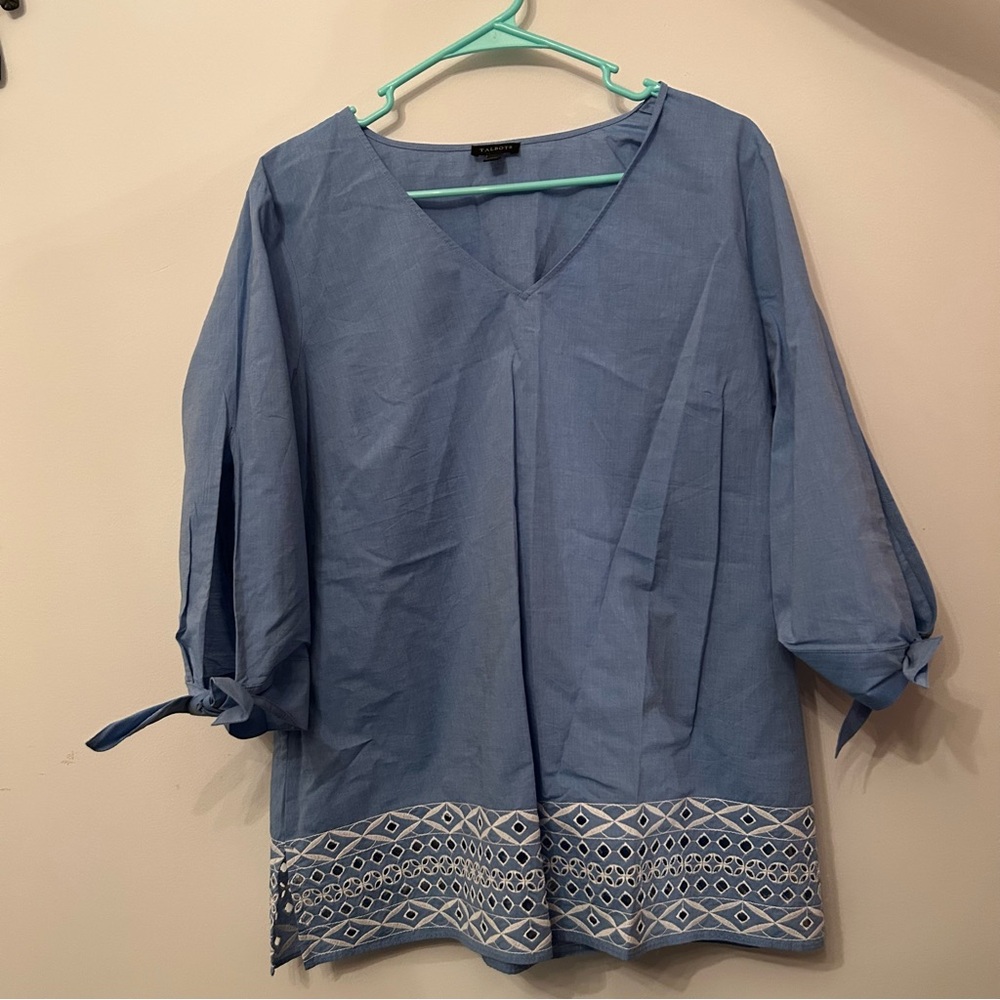 Talbots Blue Gray and White Relaxed Tie Blouse